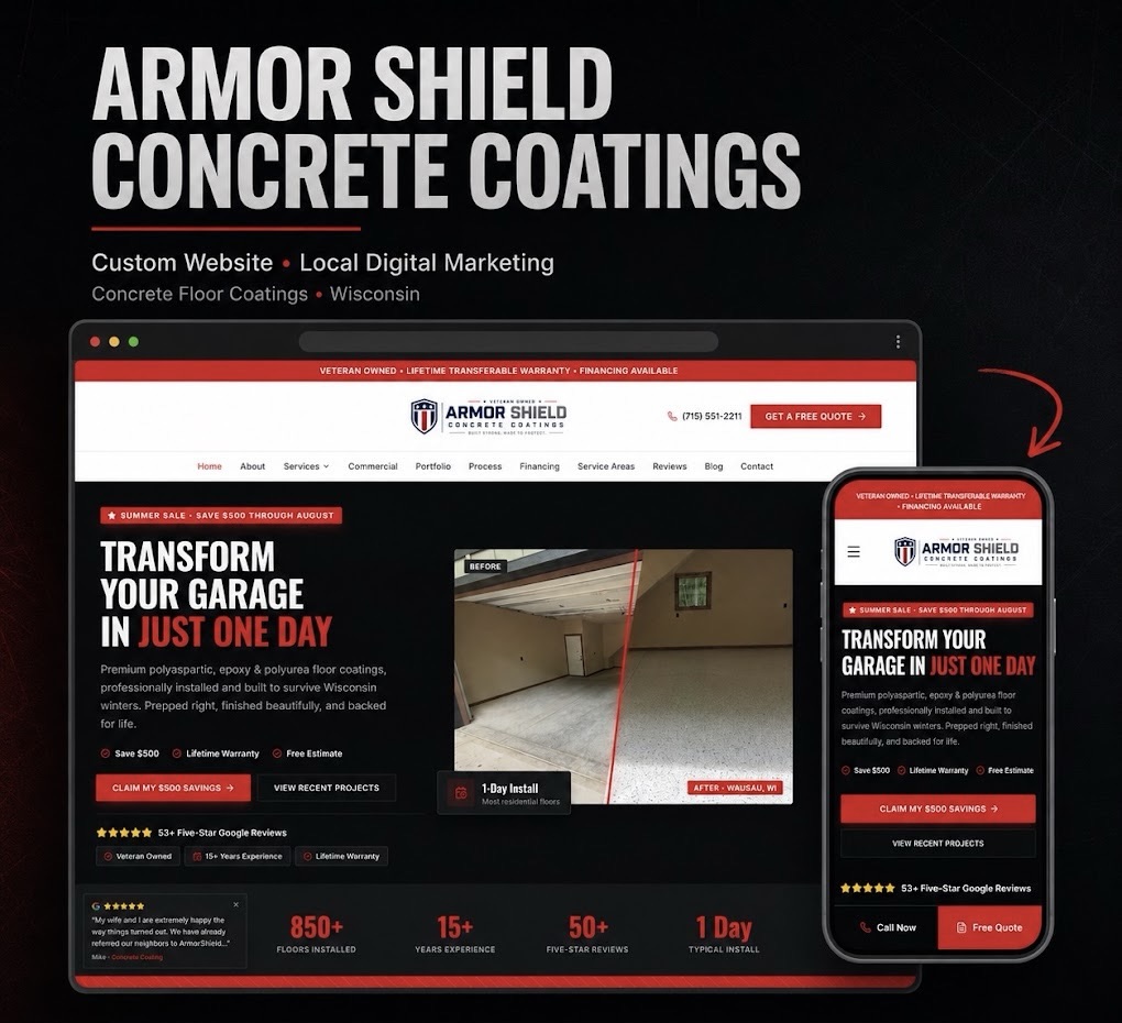 The ArmorShield Concrete Coatings website shown on a desktop monitor and a phone, with the headline “Transform your garage in just one day.”