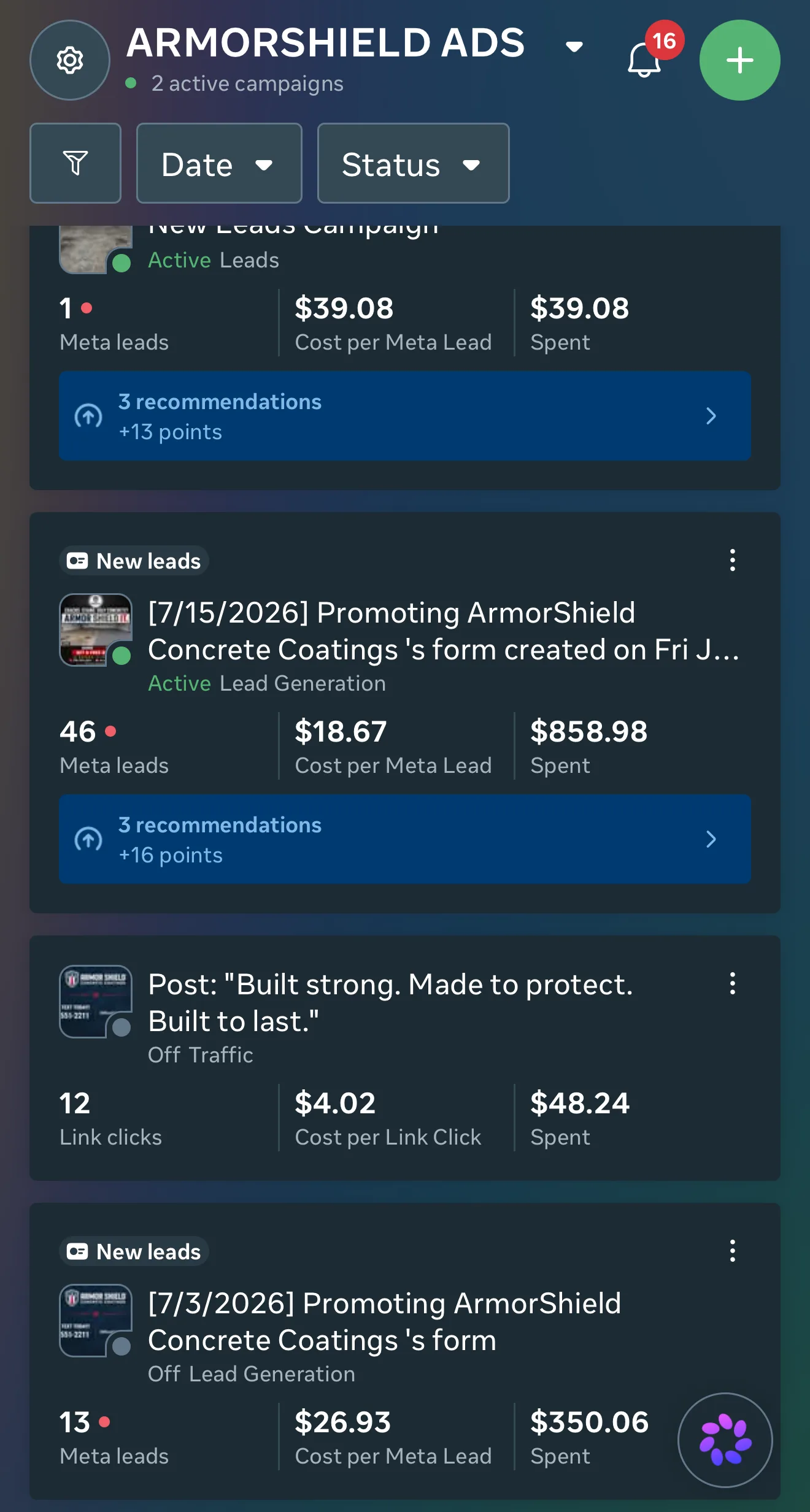 Meta Ads reporting screenshot, Campaign view · date range not shown