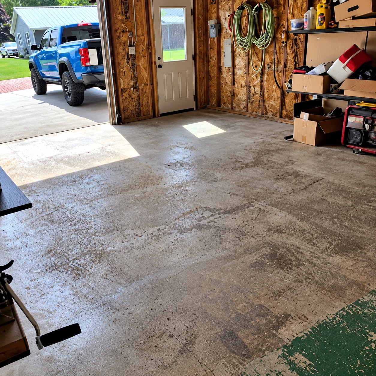 Garage floor before coating: worn, dirty concrete with peeling green paint near the open bay door
